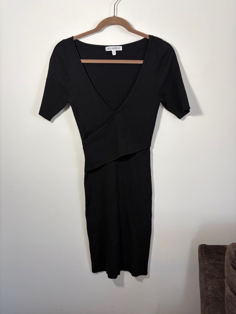 Good American Crisscross Ribbed Black Bodycon Mini Sweater Dress